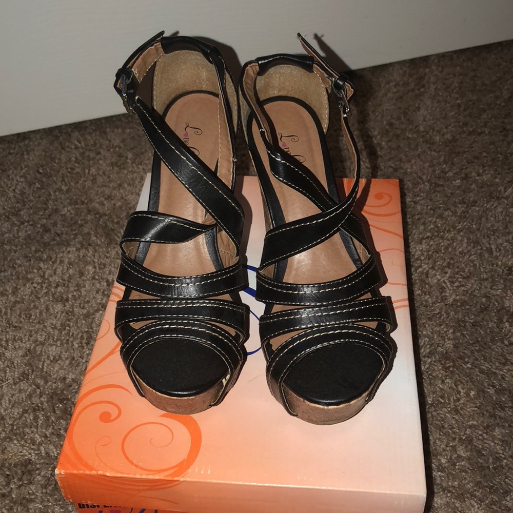 Black and brown wedge heels